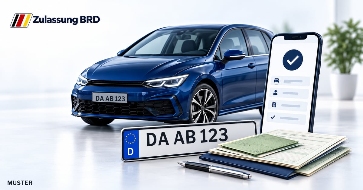Online Fahrzeugzulassung in Modautal: Musterkennzeichen DA AB 123, Auto und Fahrzeugpapiere und Smartphone. Illustration mit Logo von Zulassung BRD.